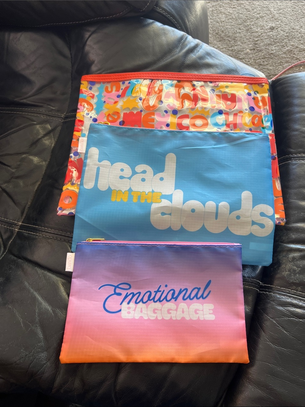 bando - set of 3 travel pouches - "Head in the Clouds" & "Emotional Baggage"